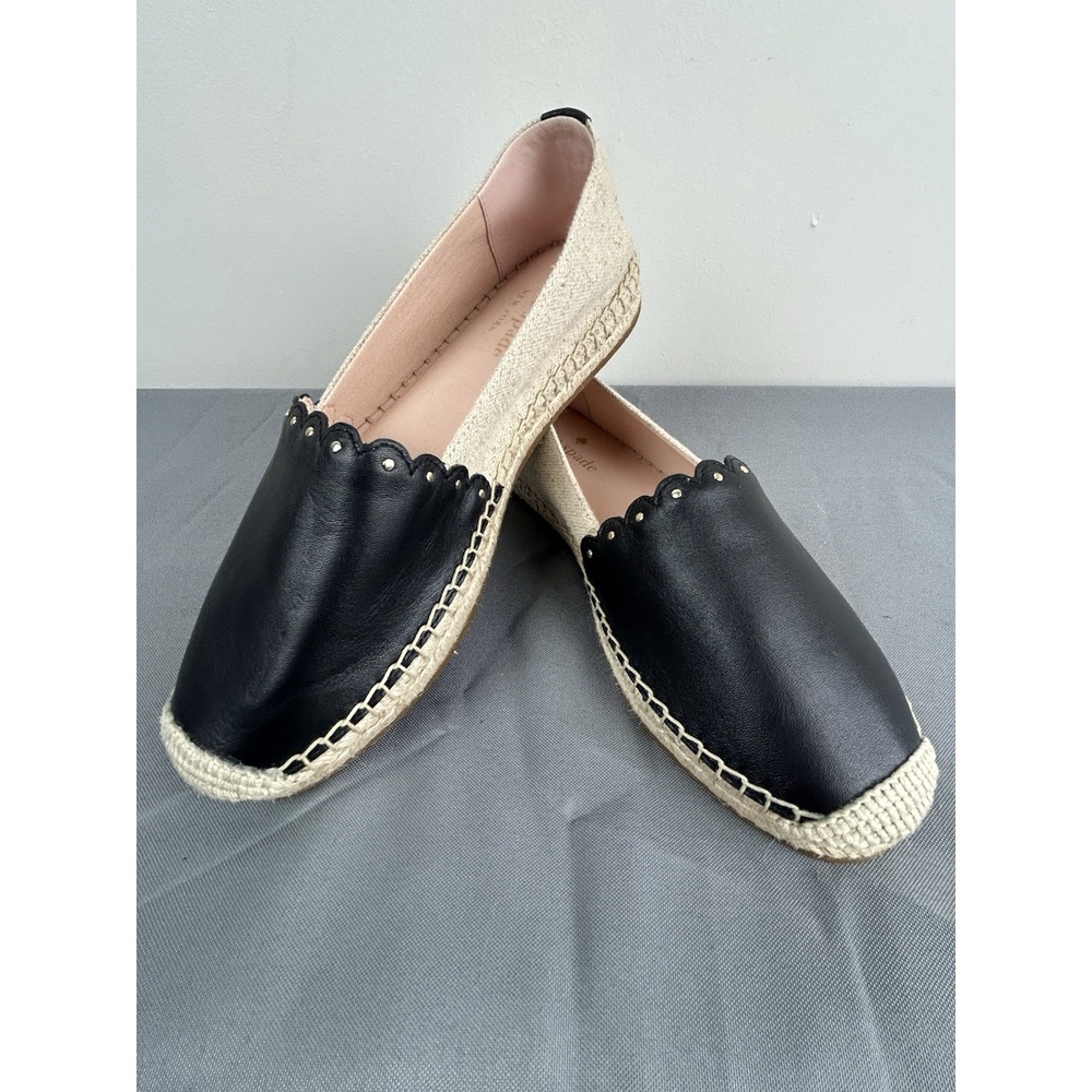 KATE SPADE Leather Gwendolyn Black Tan Applique Studded Espadrilles Sz 7.5B